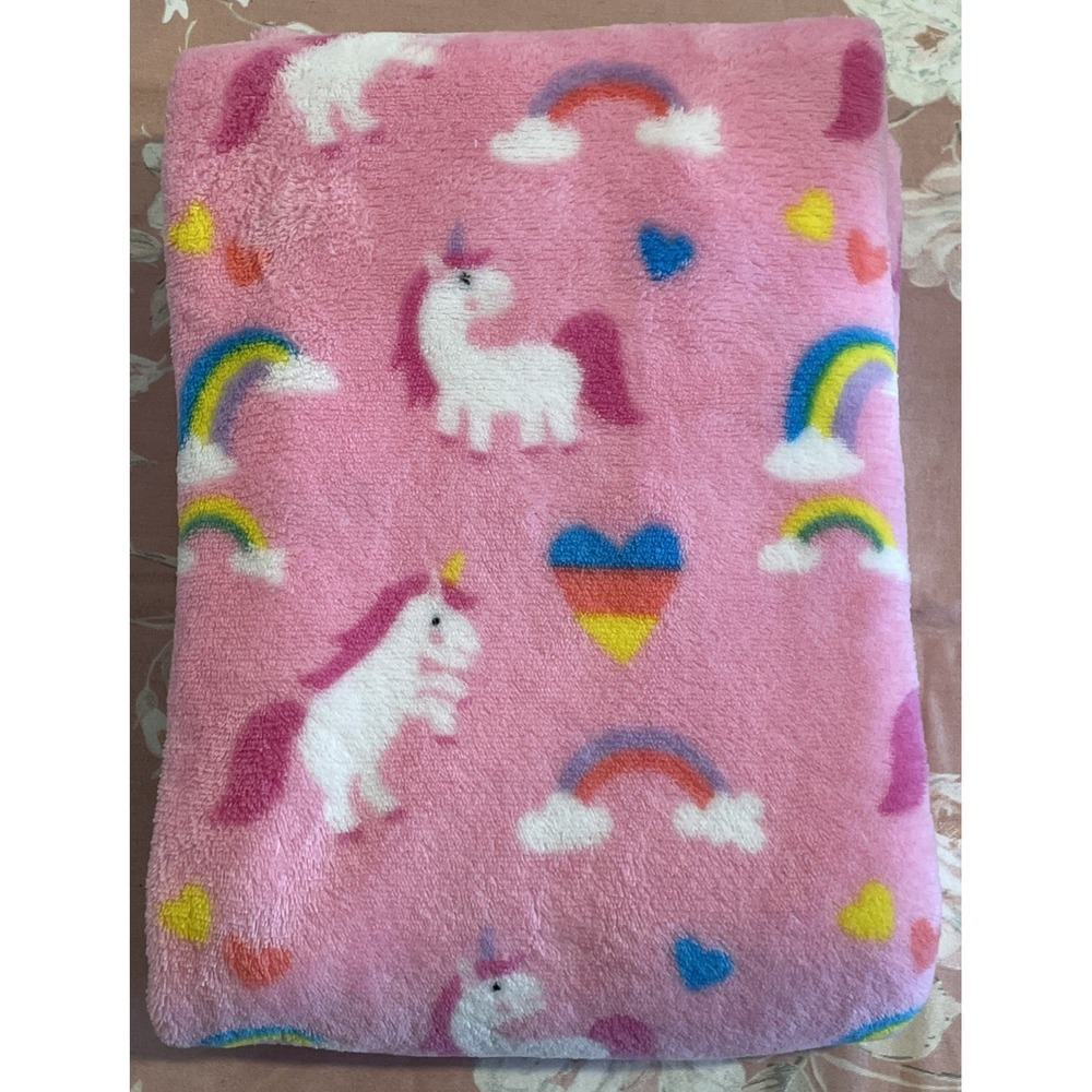 Kids Baby Unicorn Rainbow Hearts Fleece Blanket Throw Soft Pink Warm Colorful
